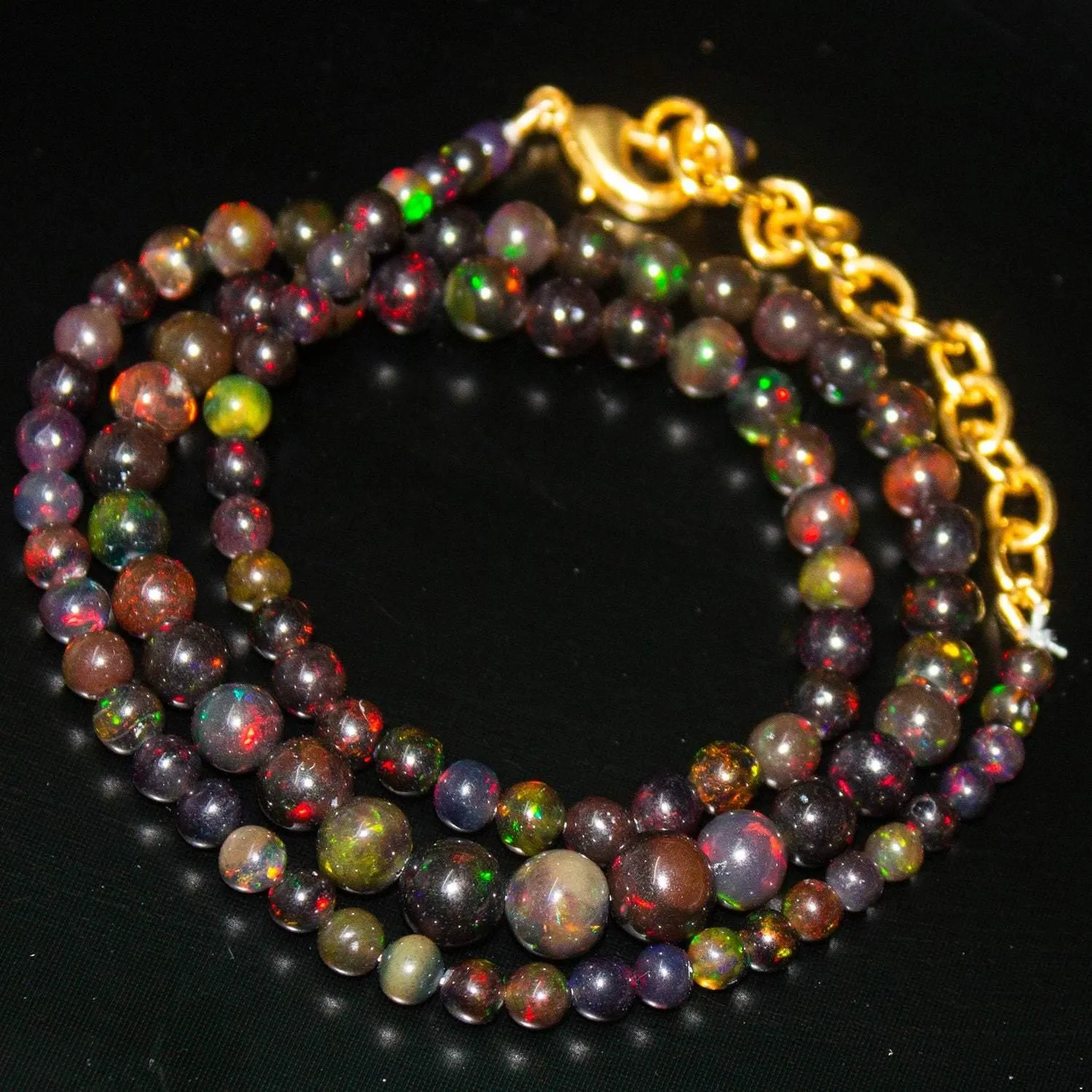 Black Opal Round Ball Gold Vermeil Gemstone Beads Necklace 3mm 7mm 19"