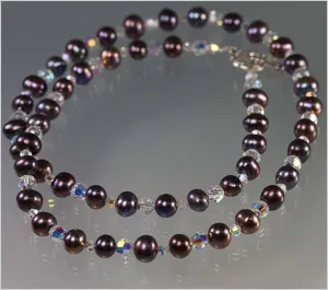 Black Peacock Pearl and Crystal Necklace