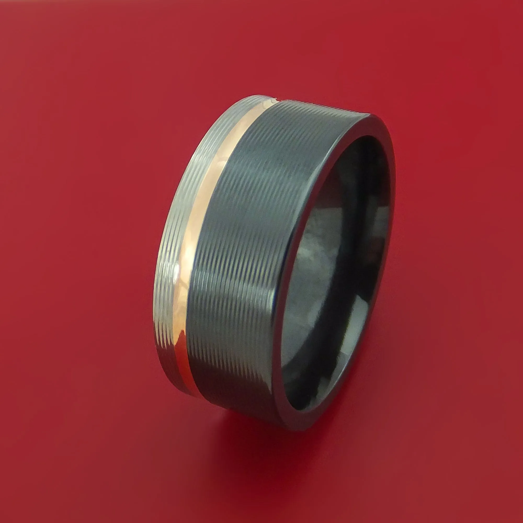 Black Zirconium Ring with 14k Rose Gold Inlay Custom Made Band