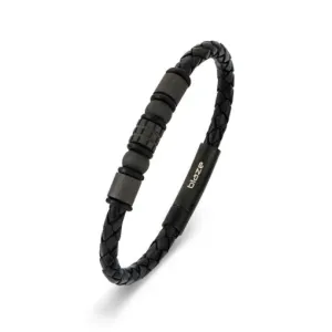 Blaze Stainless Steel Men’s Black Leather Bangle With Carbon Fiber Beads