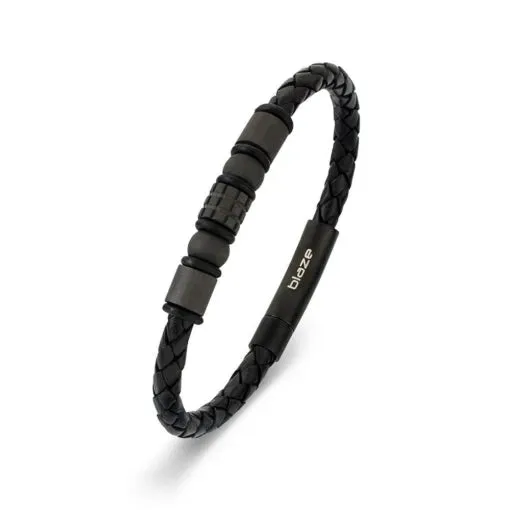 Blaze Stainless Steel Men’s Black Leather Bangle With Carbon Fiber Beads