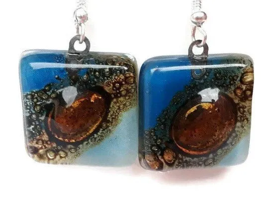Blue, Baby Blue and Brown fused Glass Earrings. Recycled Glass dangle Earrings. Drop Earrings