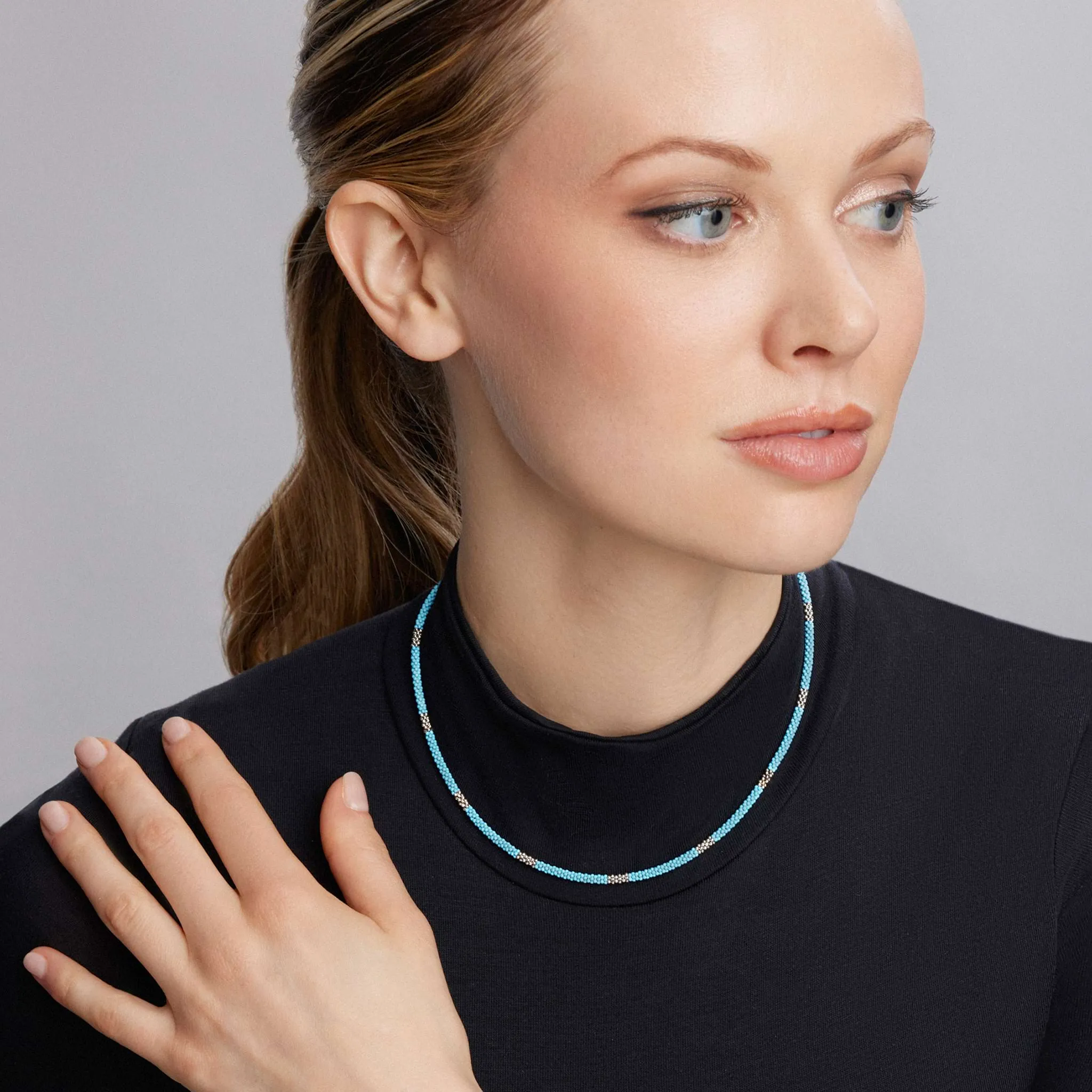 Blue Caviar Blue Silver Station Ceramic Beaded Necklace 3mm