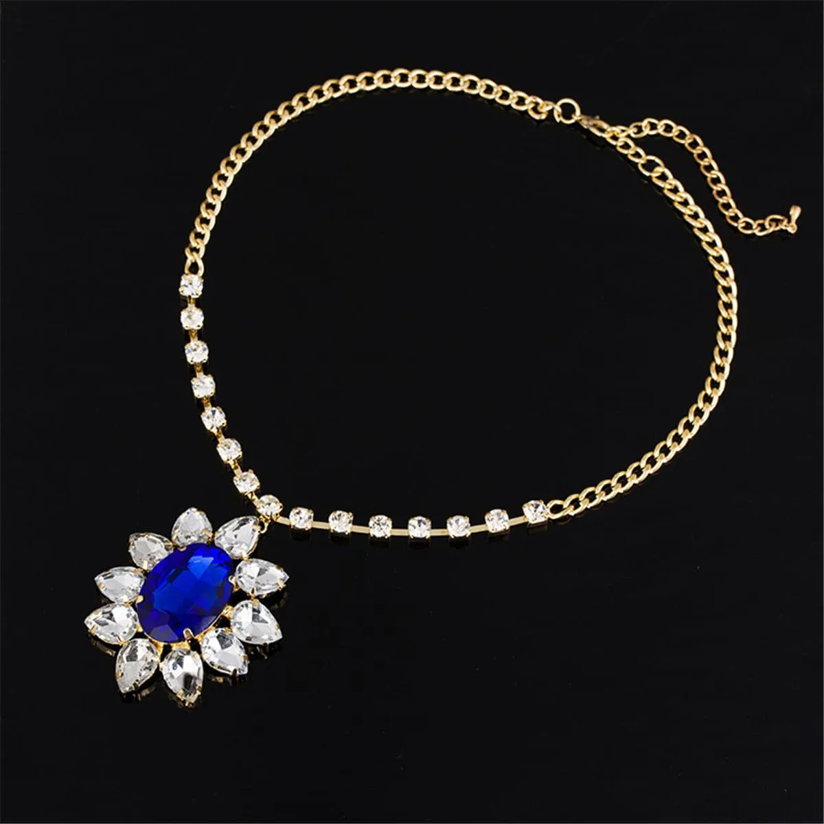 Blue Crystal & Cubic Zirconia 18K Gold-Plated Oval Flower Pendant Necklace