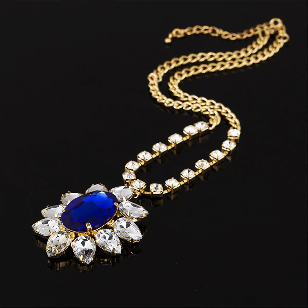 Blue Crystal & Cubic Zirconia 18K Gold-Plated Oval Flower Pendant Necklace