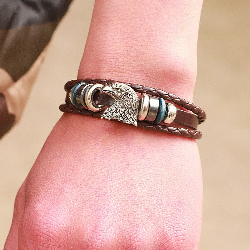 Bracelet femme Vintage Punk Style Male men Rock Eagle Head Multilayer Black Leather Bracelet Cuff Braided Bangle Gift