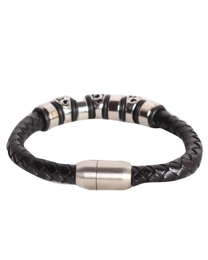 Braided Cross Black Sliver Leather Bracelet