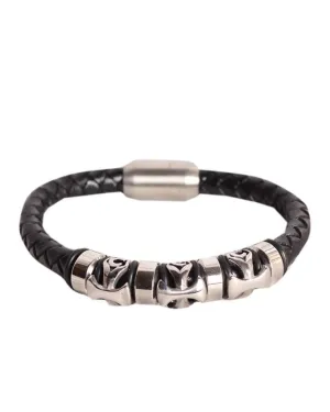 Braided Cross Black Sliver Leather Bracelet
