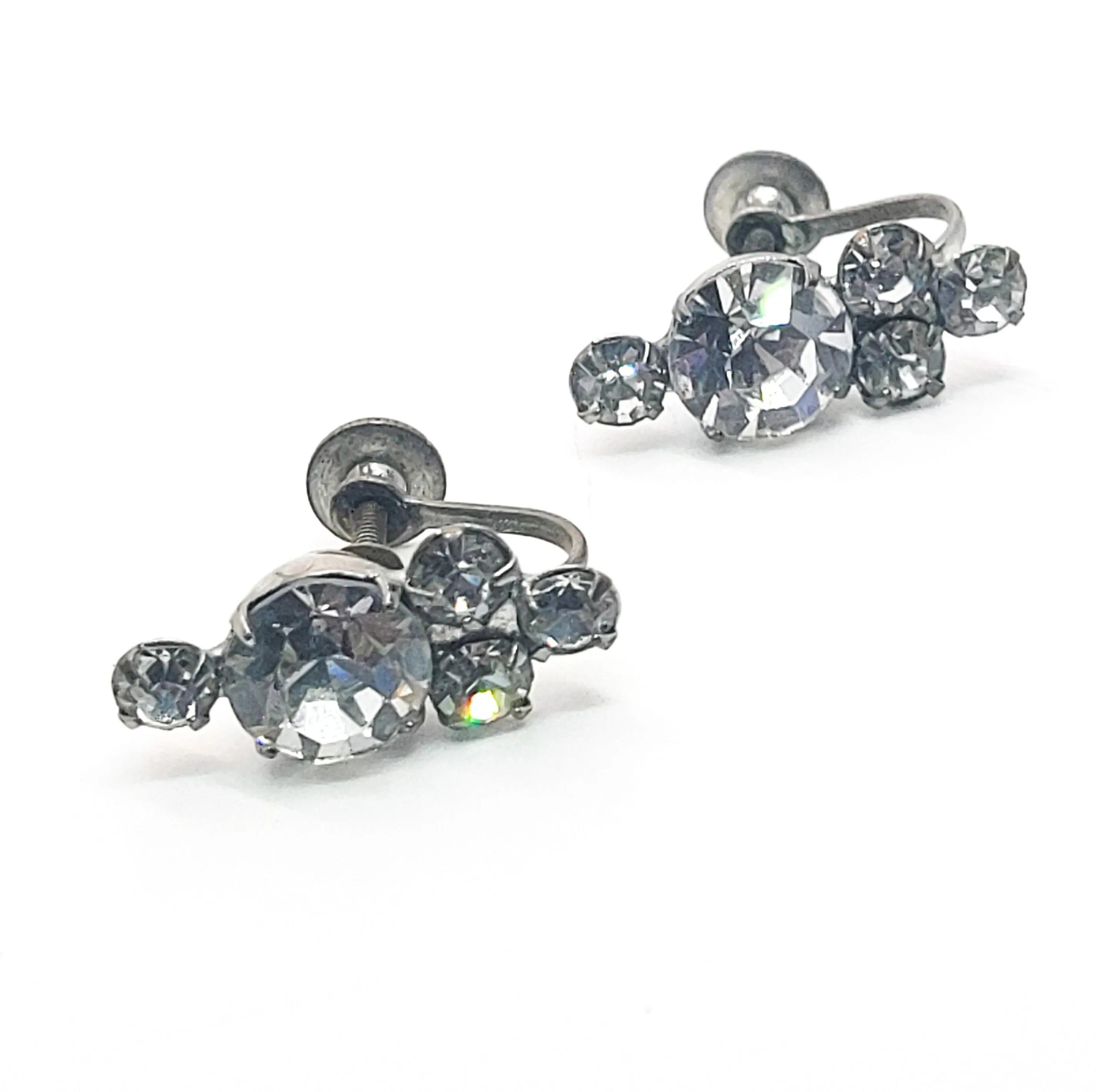Bright clear round rhinestone vintage screw back earrings