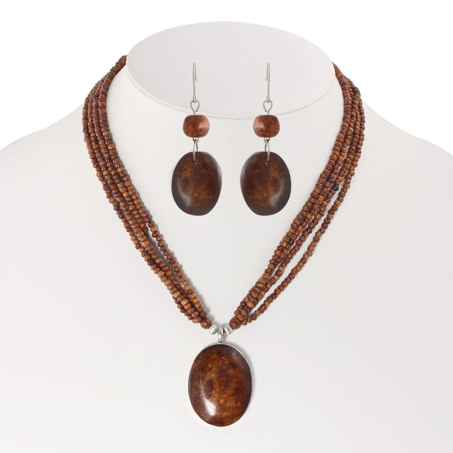 BROWN WOOD MULTILAYER BEADS PENDANT NECKLACE AND EARRINGS SET #FW-SET52065BR (OA20-0B20-28W)