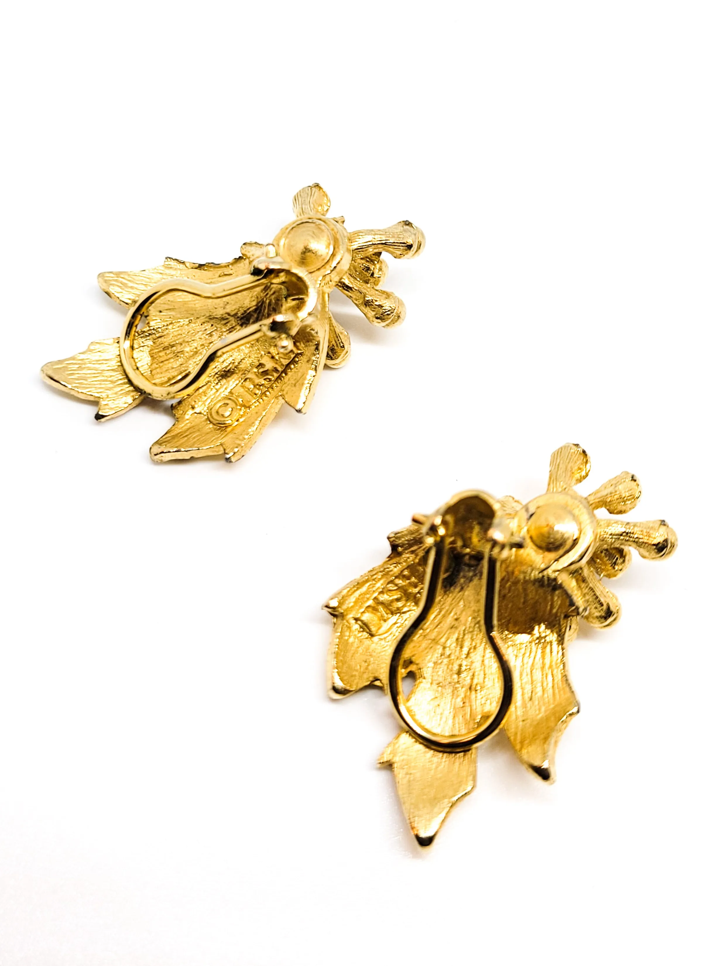 BSK signed vintage gold toned clip on Christmas holiday holly berry clip on earrings