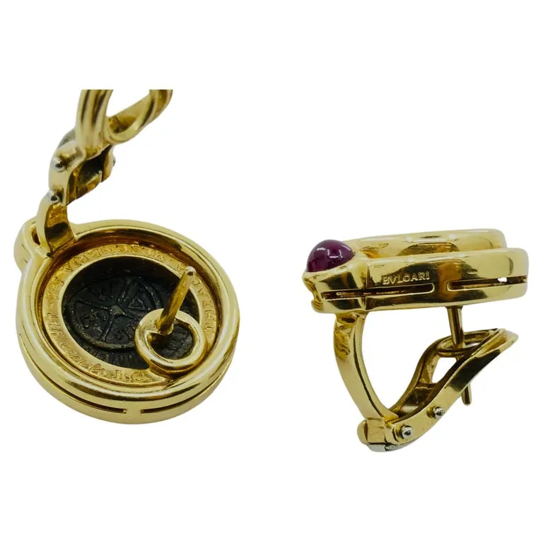 Bulgari Monete Ruby Gold Rare Ancient Silver Coin Earrings