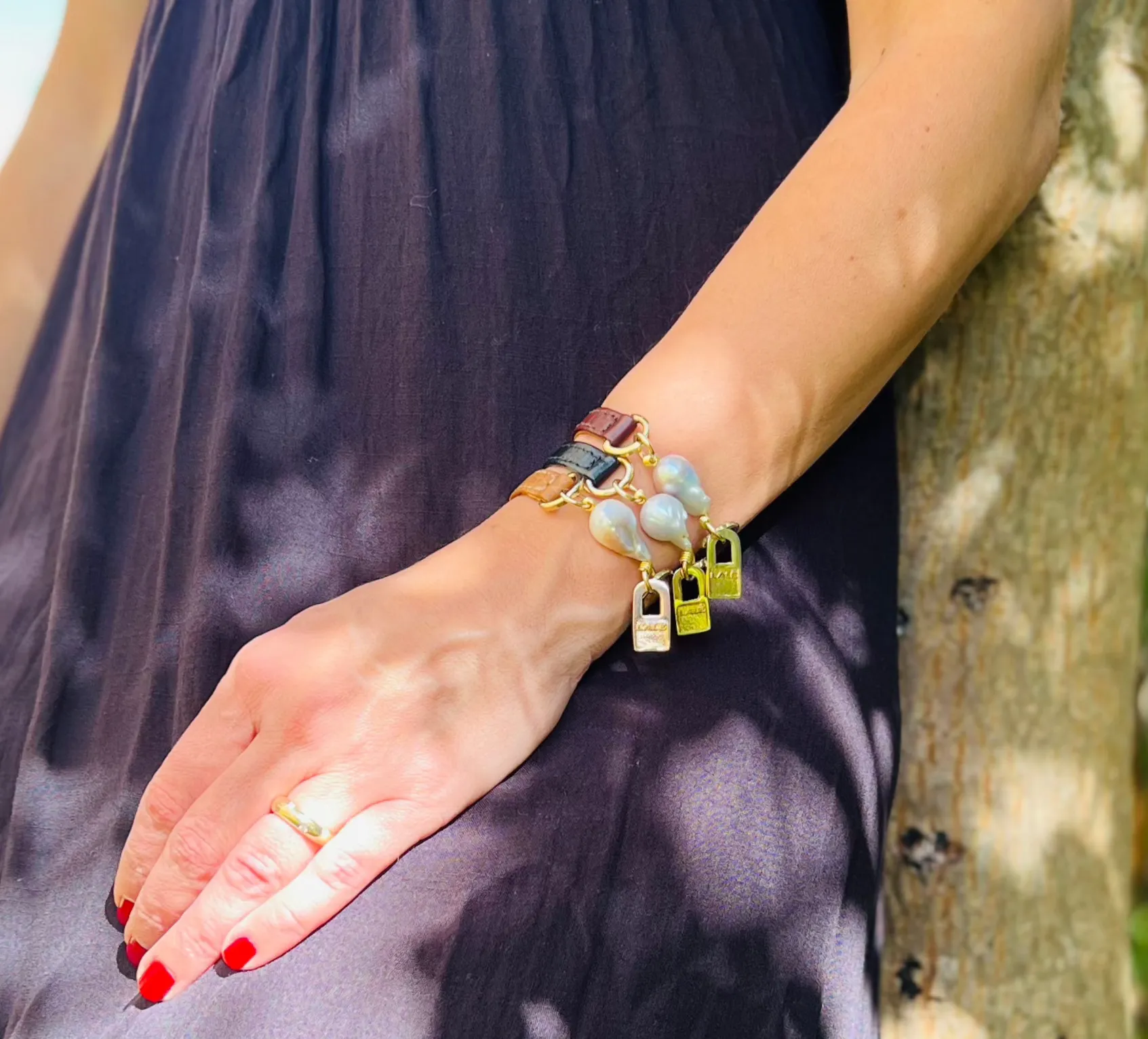 Bundle Bracelet with Camel Leather and Pearls