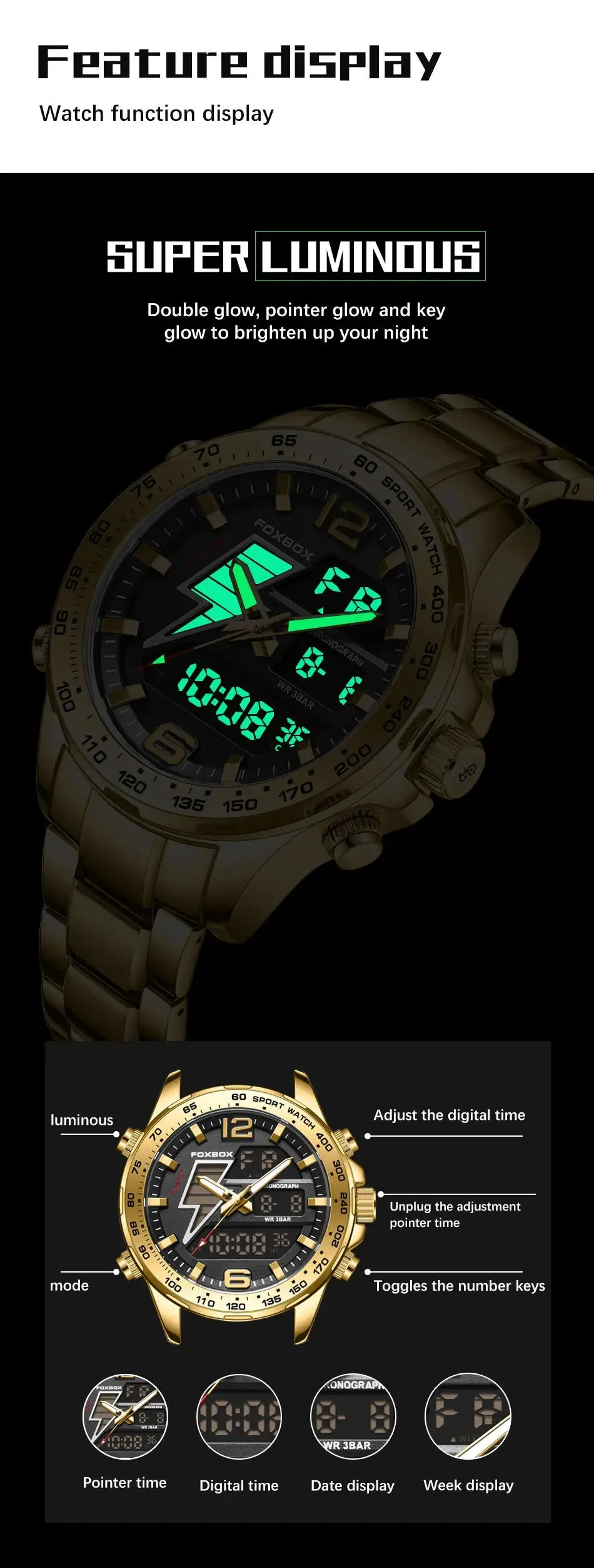 Business Luminous Quartz Watches Waterproof Dual Display