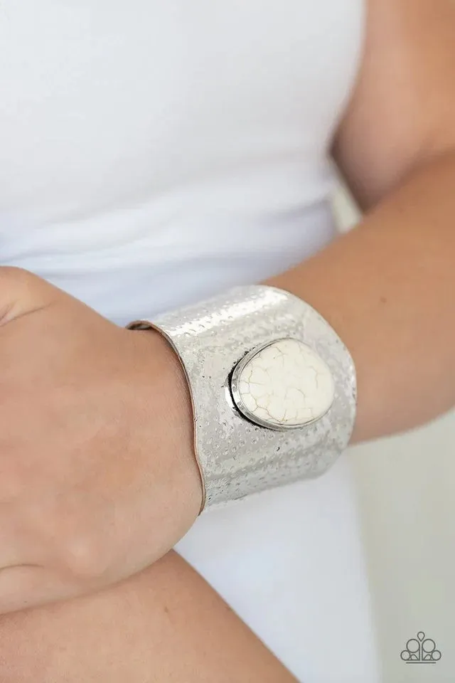 Casual Canyoneer - White - Oval Stone Asymmetrical Paparazzi Cuff Bracelet
