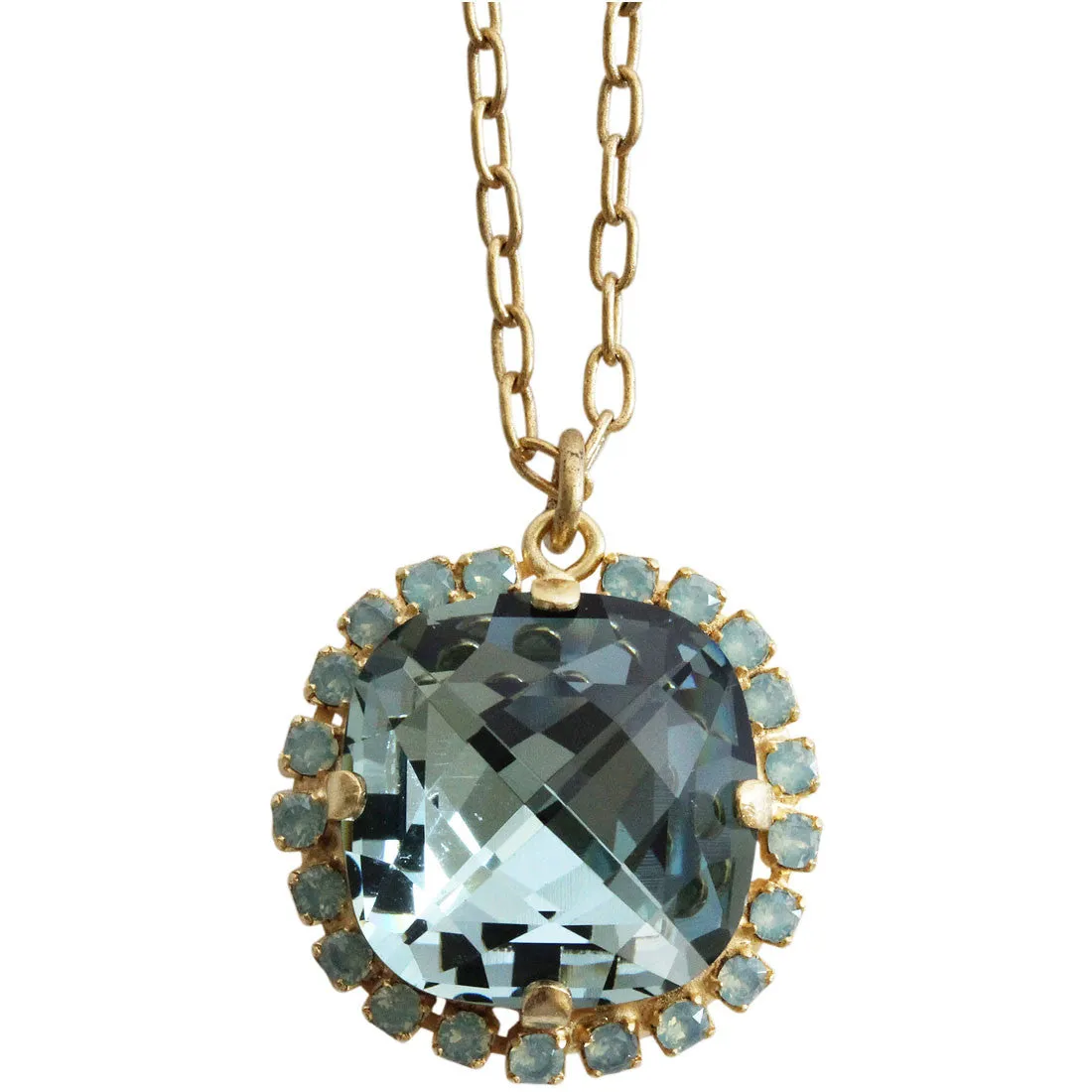 Catherine Popesco 14k Gold Plated Pillow Cut Large Crystal Border Pendant Necklace, 18" 4295GN Blue