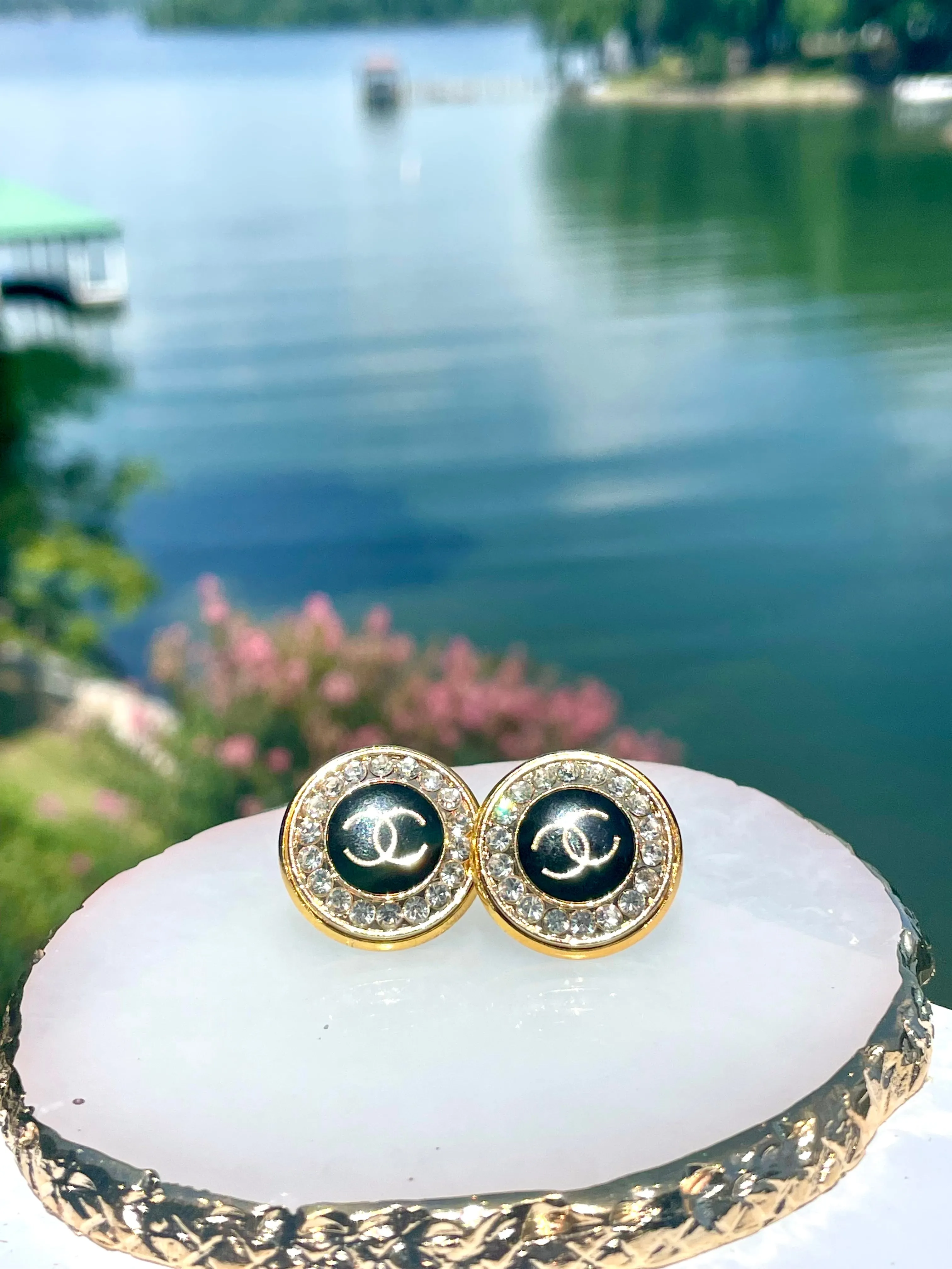 CC Crystal Halo Stud Earrings- BLACK