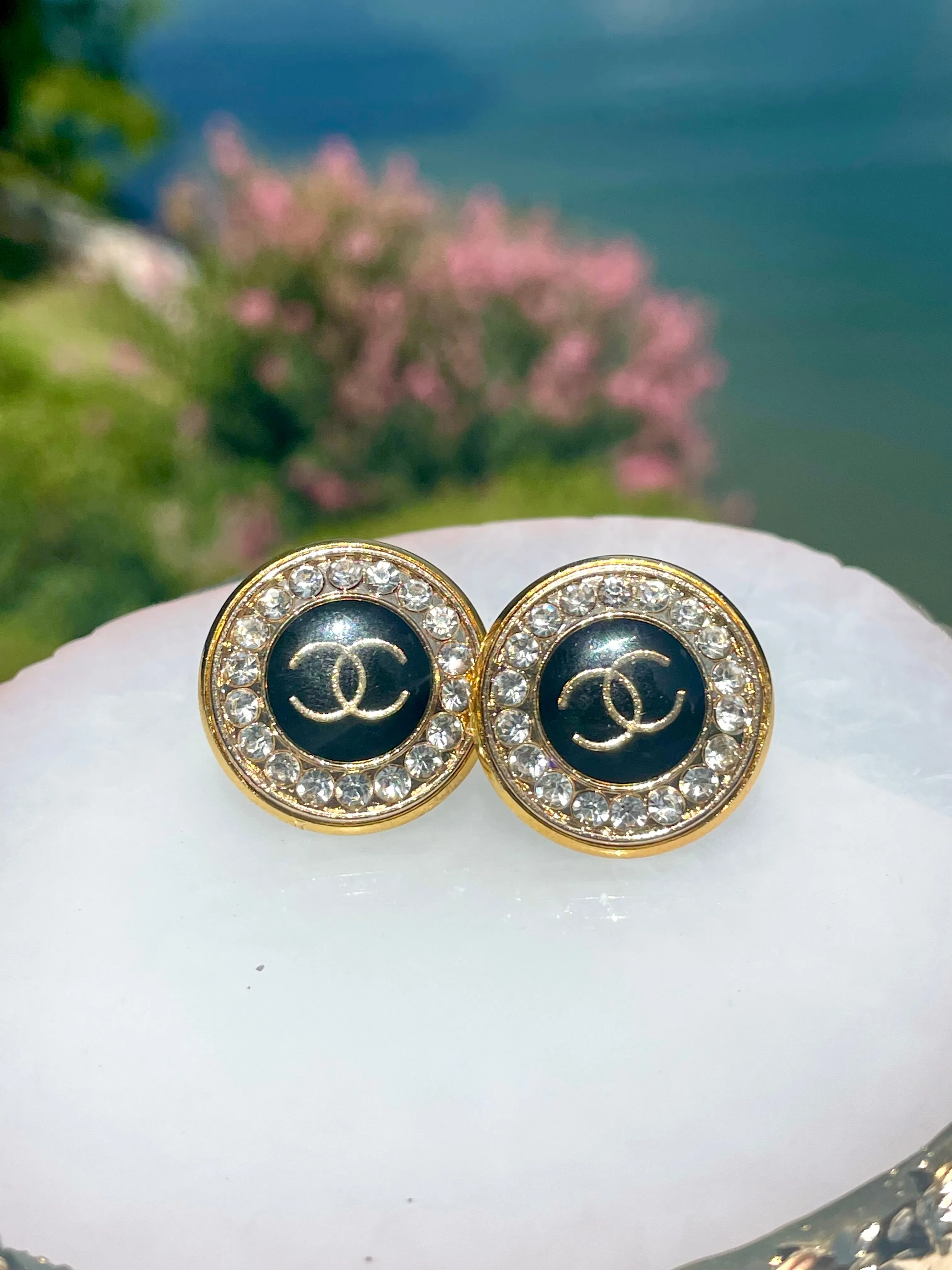 CC Crystal Halo Stud Earrings- BLACK