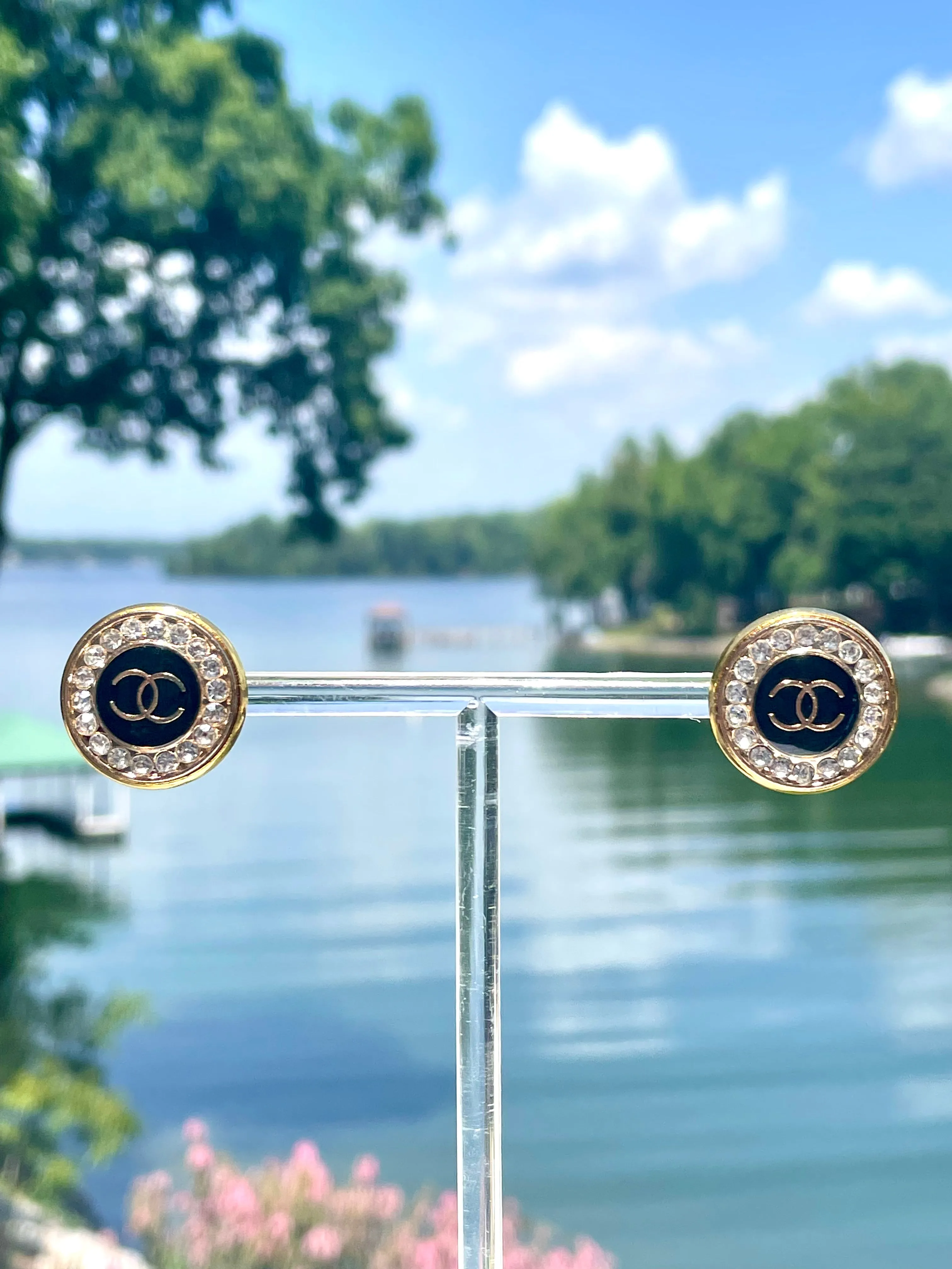 CC Crystal Halo Stud Earrings- BLACK