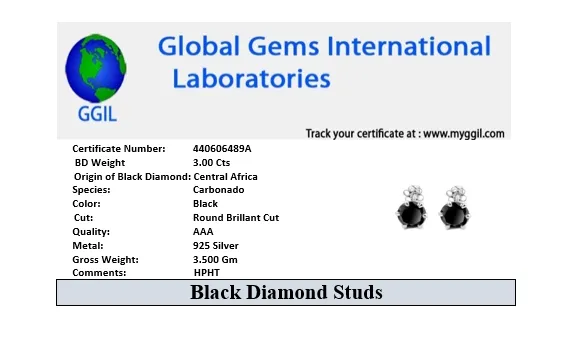 Certified 3 Ct Black Diamond Solitaire Studs in 6 Prong Setting, Great Sparkle & Excellent Luster