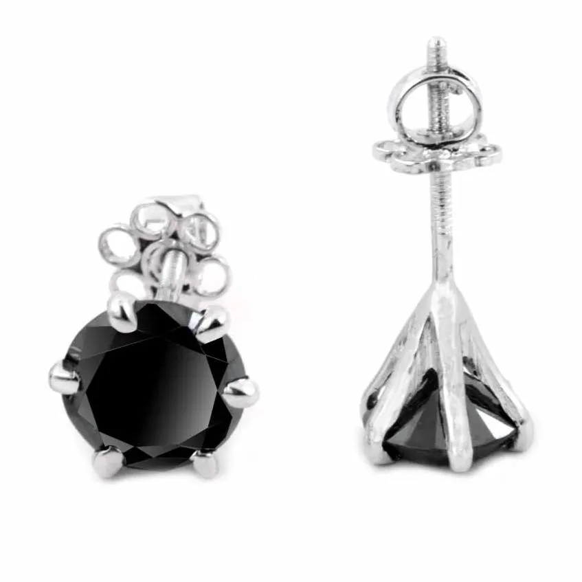 Certified 3 Ct Black Diamond Solitaire Studs in 6 Prong Setting, Great Sparkle & Excellent Luster