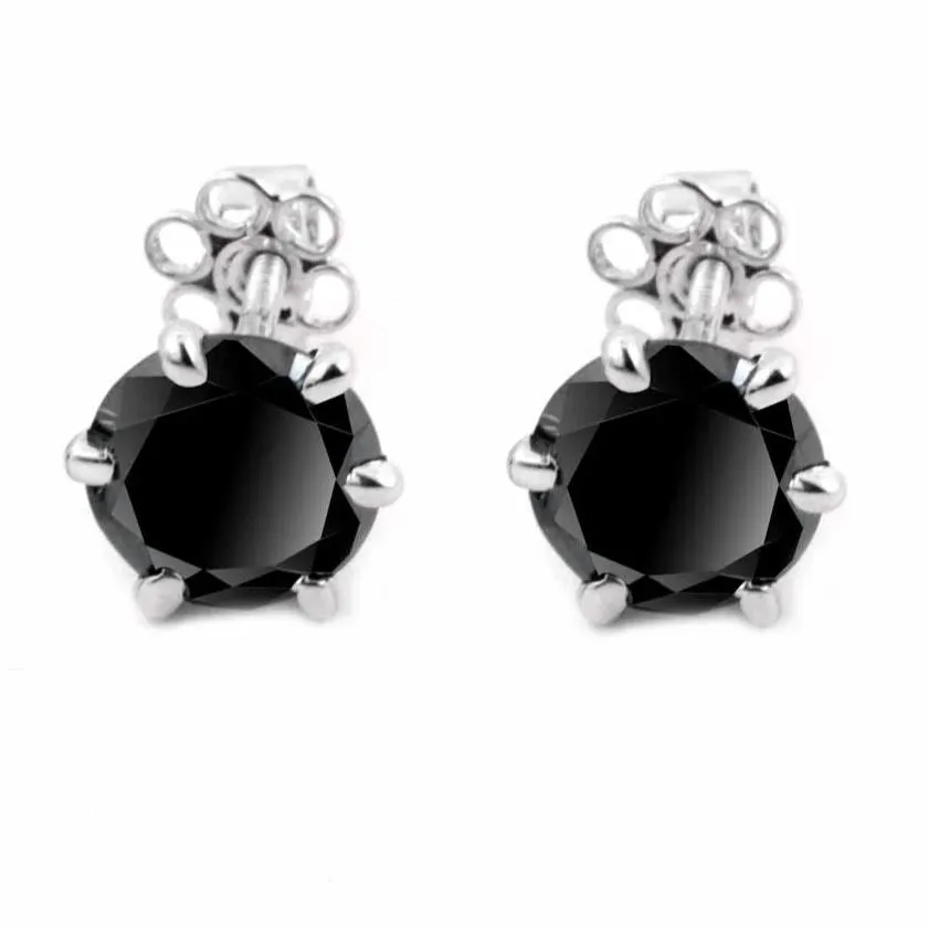 Certified 3 Ct Black Diamond Solitaire Studs in 6 Prong Setting, Great Sparkle & Excellent Luster