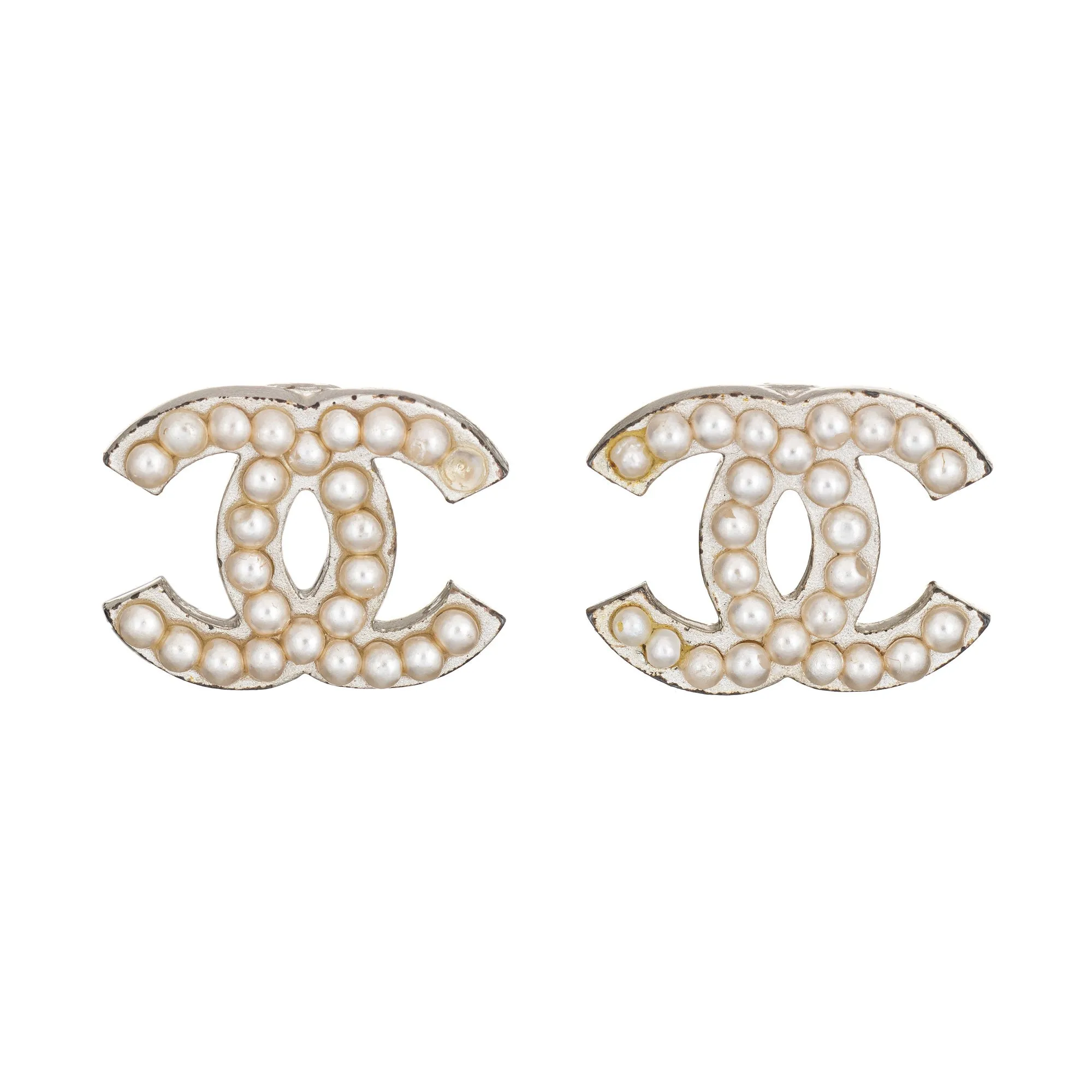Chanel CC Logo Faux Pearl Earrings Clip On Silver Tone c2003