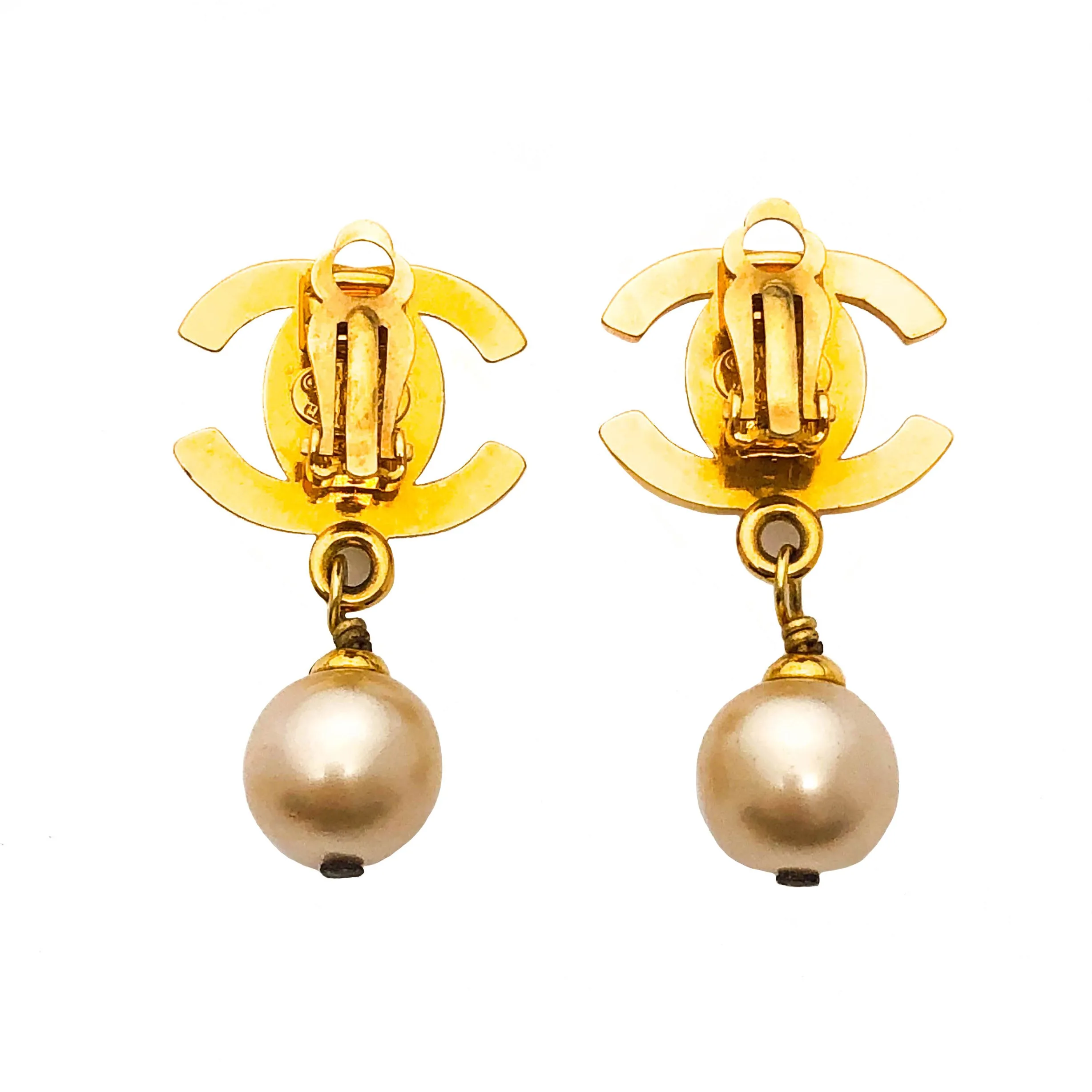 Chanel Vintage Rare Gold Turnlock Pearl Drop Earrings