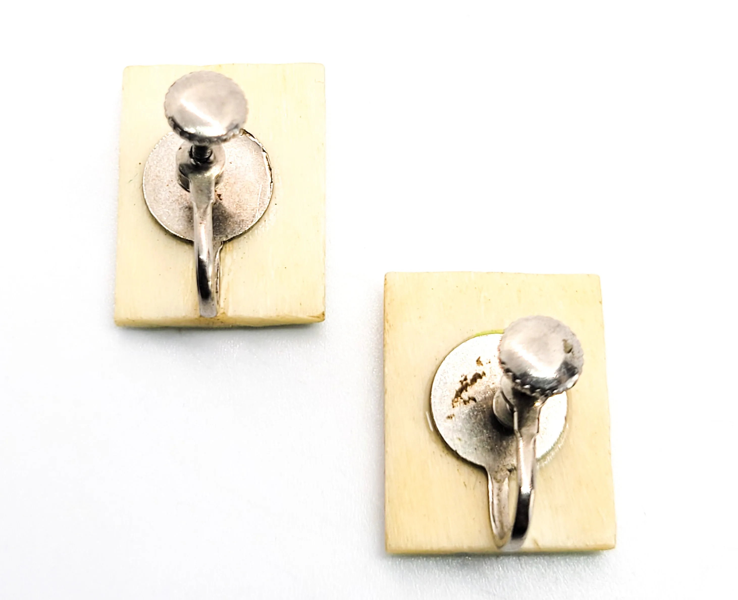 Chinese scrimshaw garden painted vintage bone screw back earrings