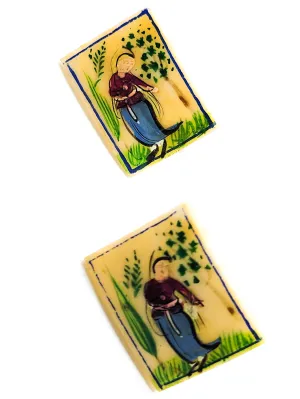 Chinese scrimshaw garden painted vintage bone screw back earrings