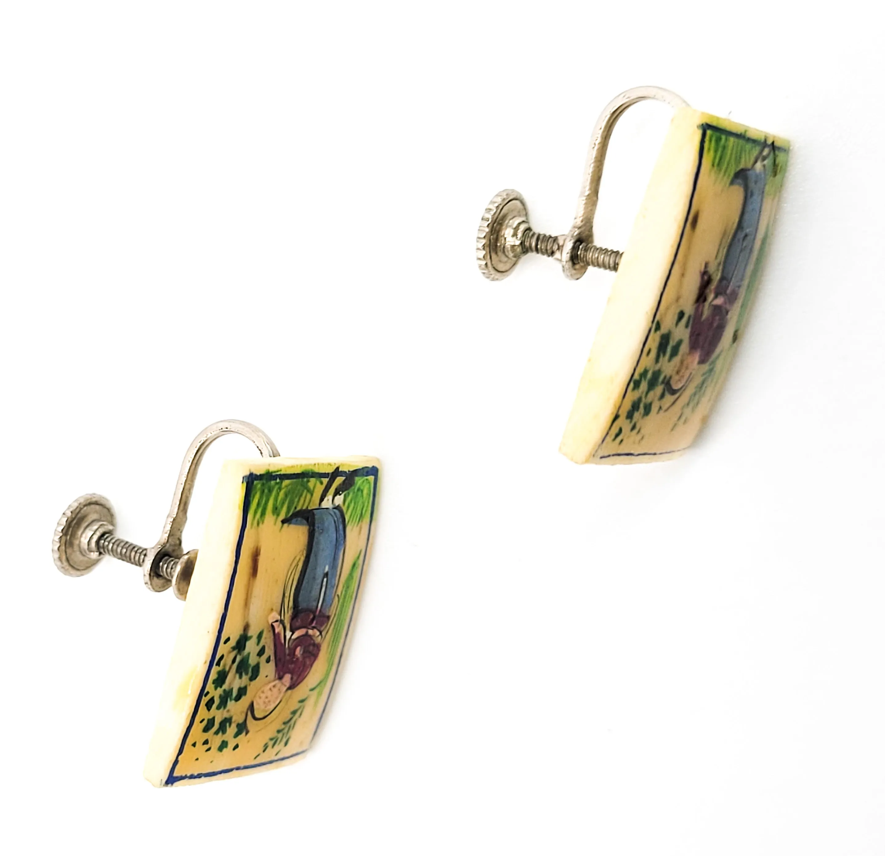 Chinese scrimshaw garden painted vintage bone screw back earrings