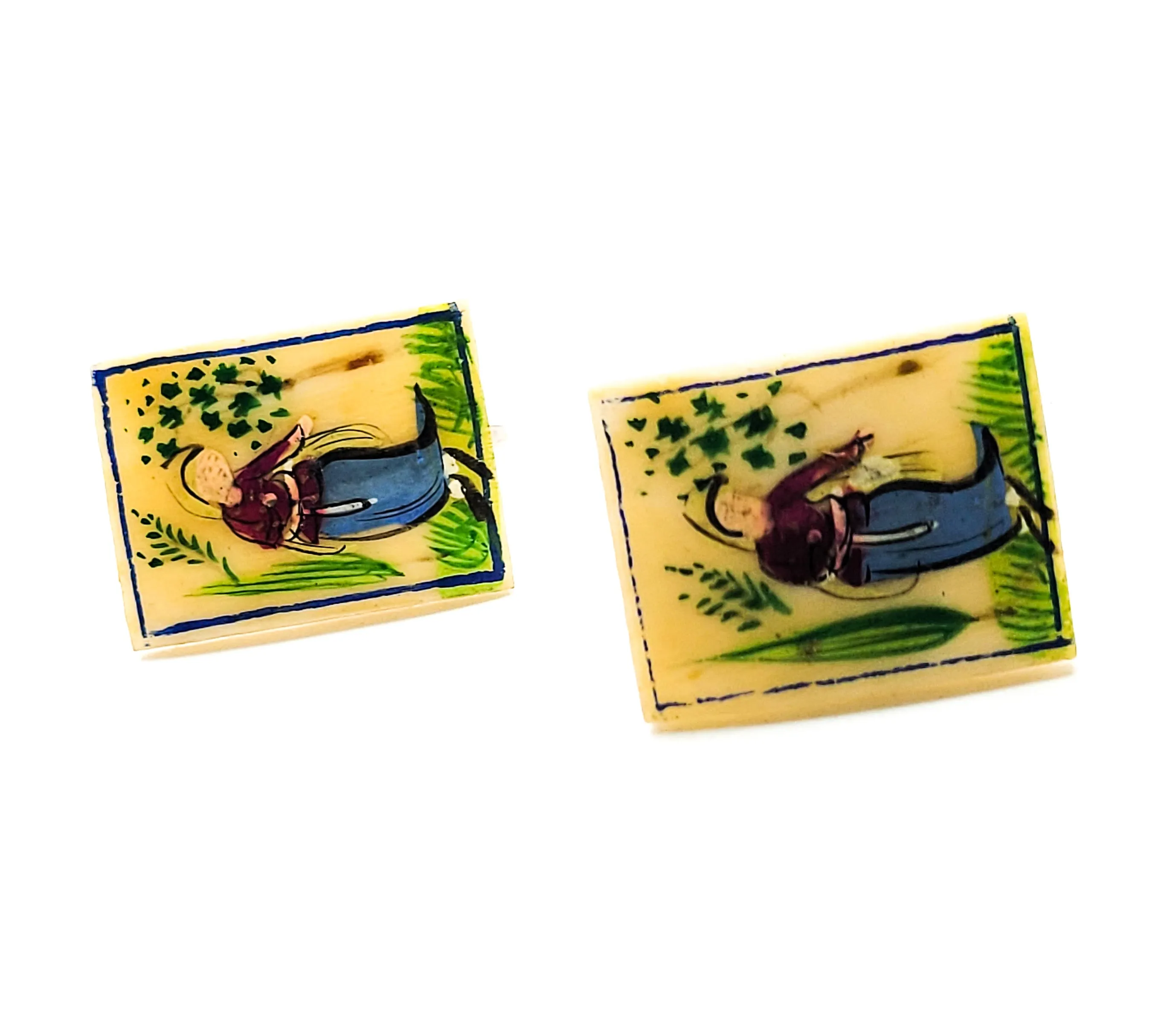 Chinese scrimshaw garden painted vintage bone screw back earrings