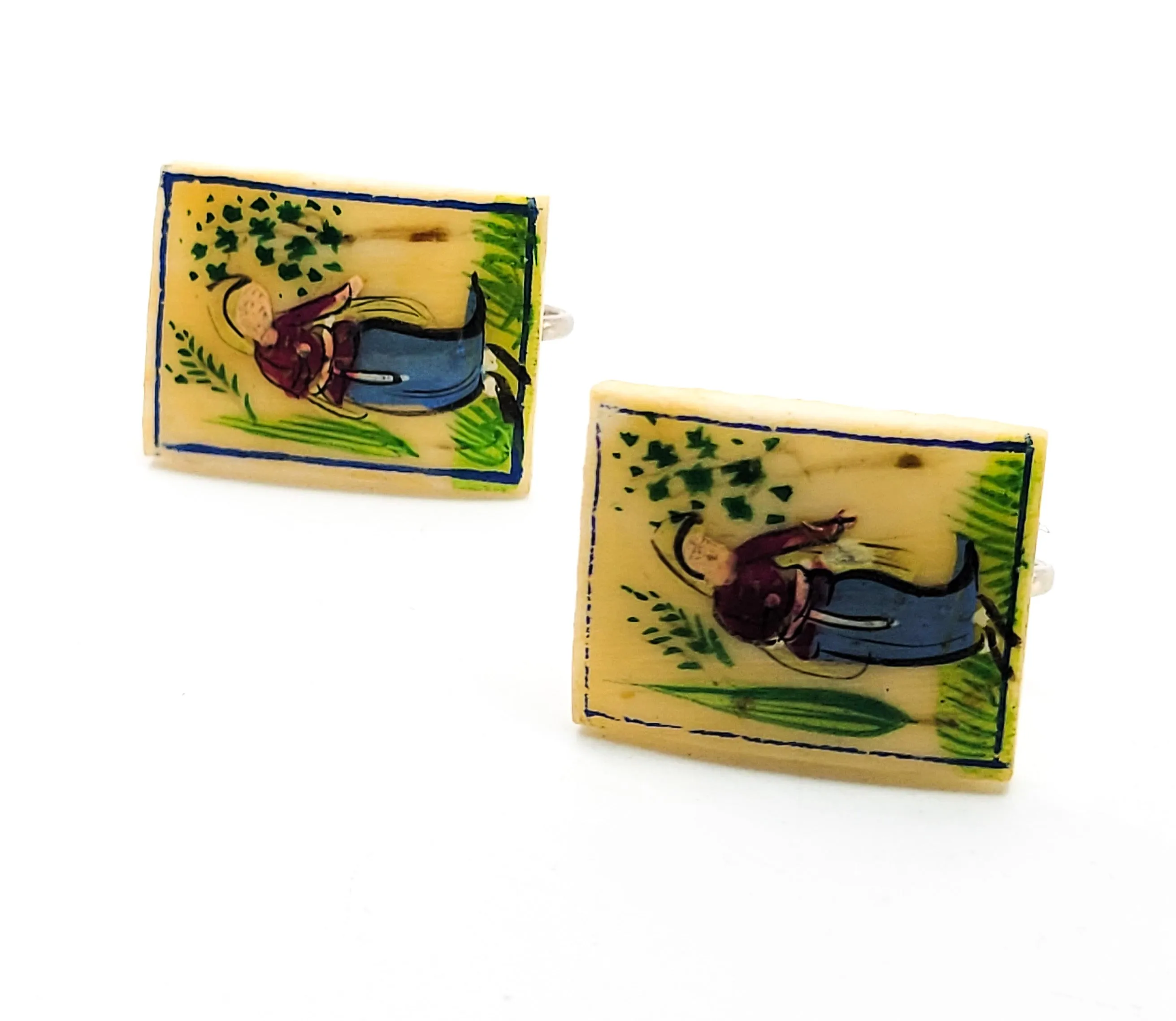 Chinese scrimshaw garden painted vintage bone screw back earrings