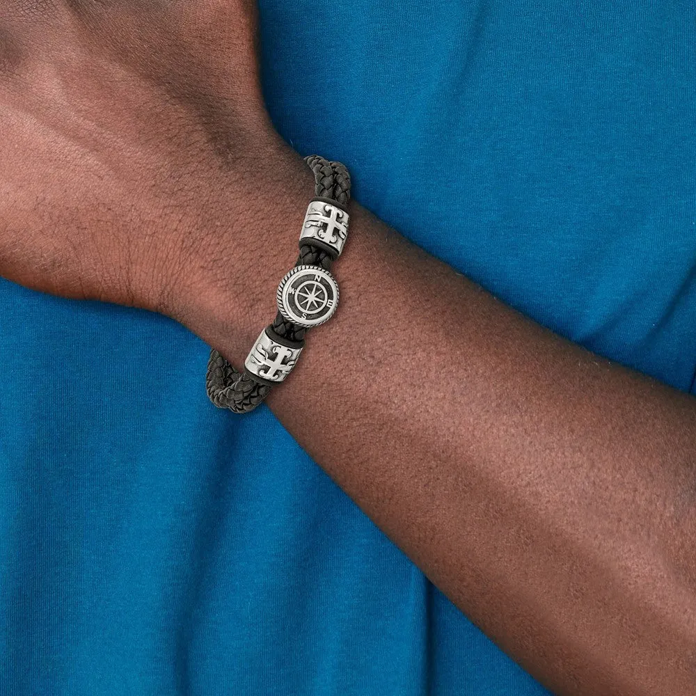 Chisel Stainless Steel Antiqued and Polished Compass Braided Black Leather with Black Rubber 8.25 inch Bracelet