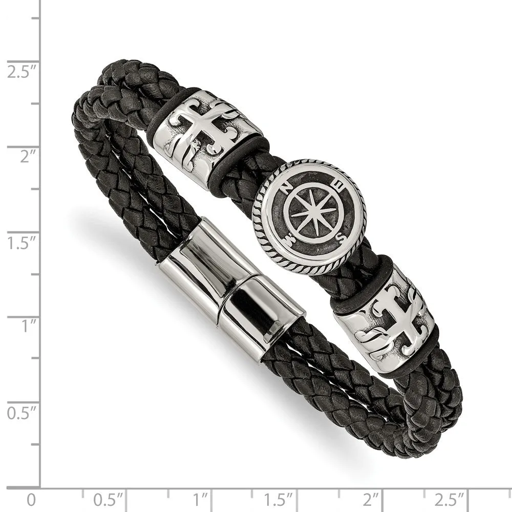 Chisel Stainless Steel Antiqued and Polished Compass Braided Black Leather with Black Rubber 8.25 inch Bracelet