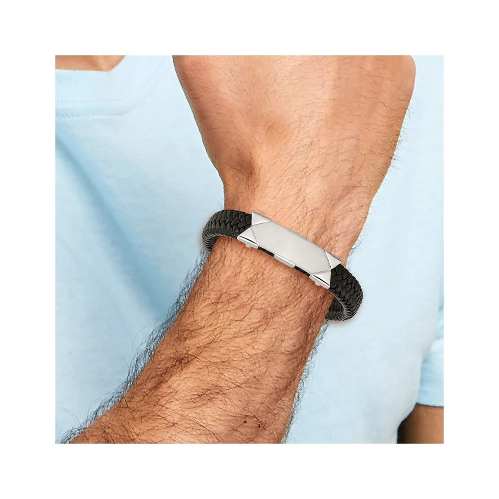 Chisel Stainless Steel Brushed and Polished Braided Black Leather 8.5 inch ID Bracelet