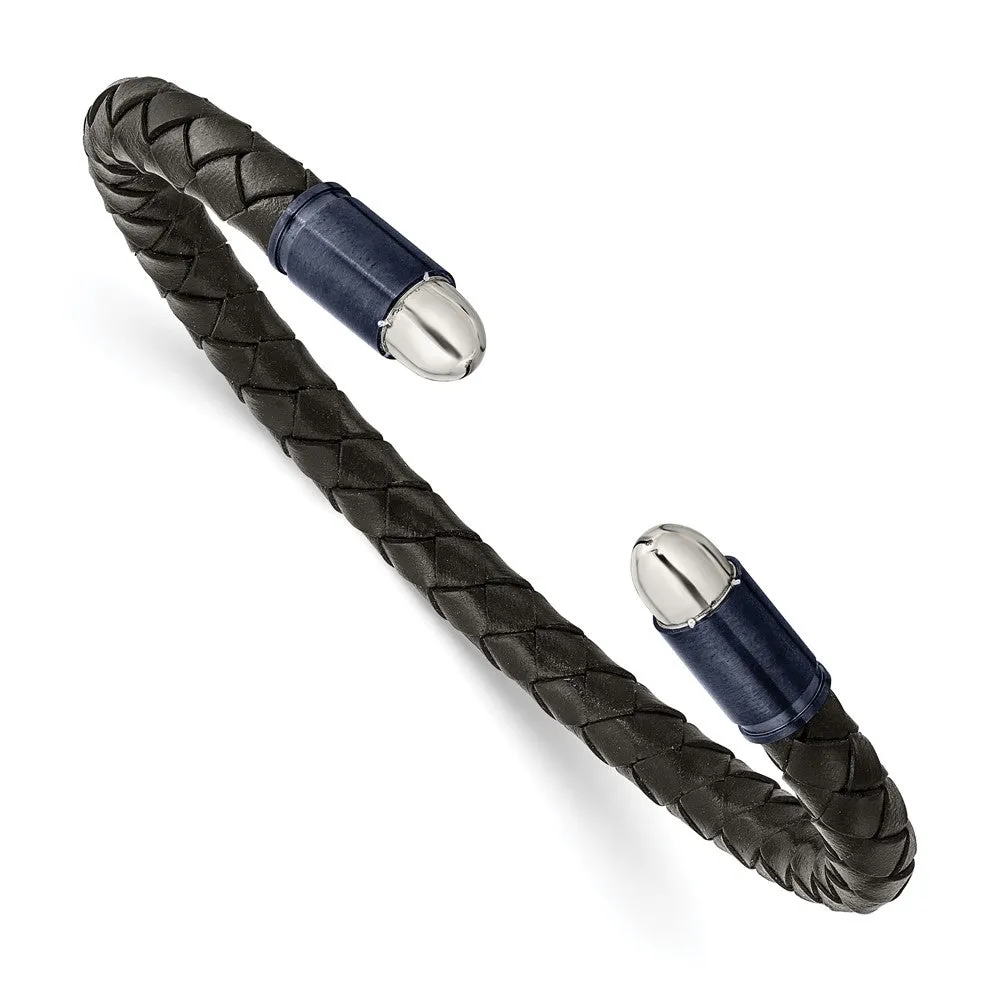 Chisel Stainless Steel Brushed and Polished Dark Grey IP-plated Black Leather Flexible Cuff Bangle