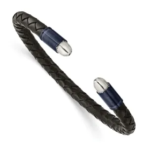 Chisel Stainless Steel Brushed and Polished Dark Grey IP-plated Black Leather Flexible Cuff Bangle