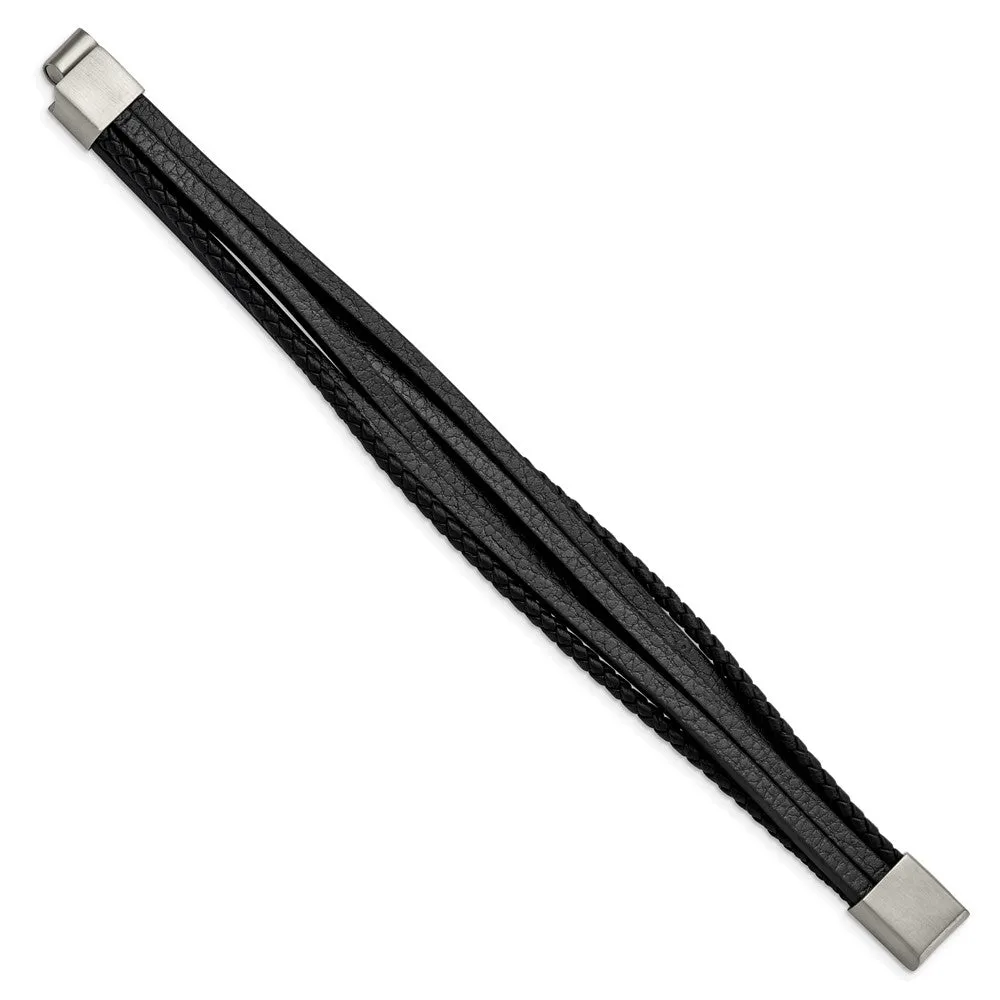 Chisel Stainless Steel Brushed Multi Strand Black Leather 8 inch Bracelet