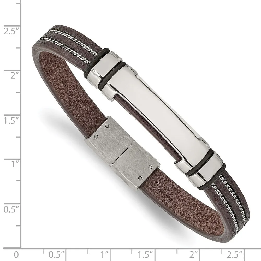 Chisel Stainless Steel Polished Brown Leather with Black Rubber 8.25 inch ID Bracelet