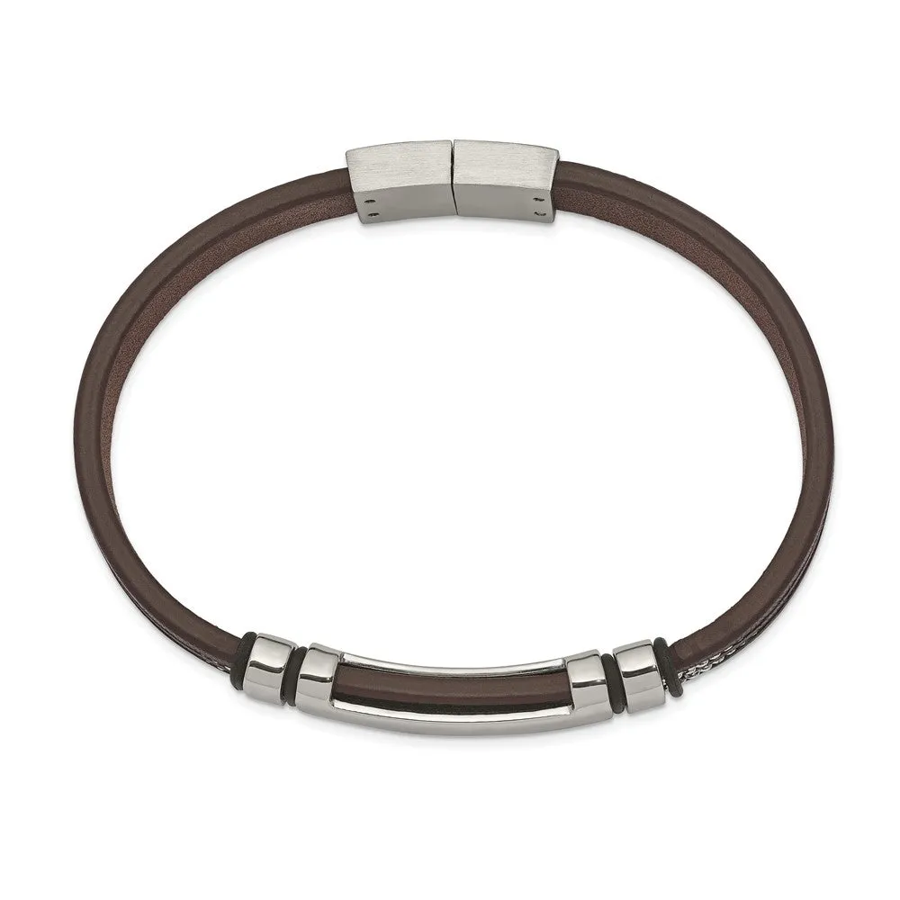 Chisel Stainless Steel Polished Brown Leather with Black Rubber 8.25 inch ID Bracelet