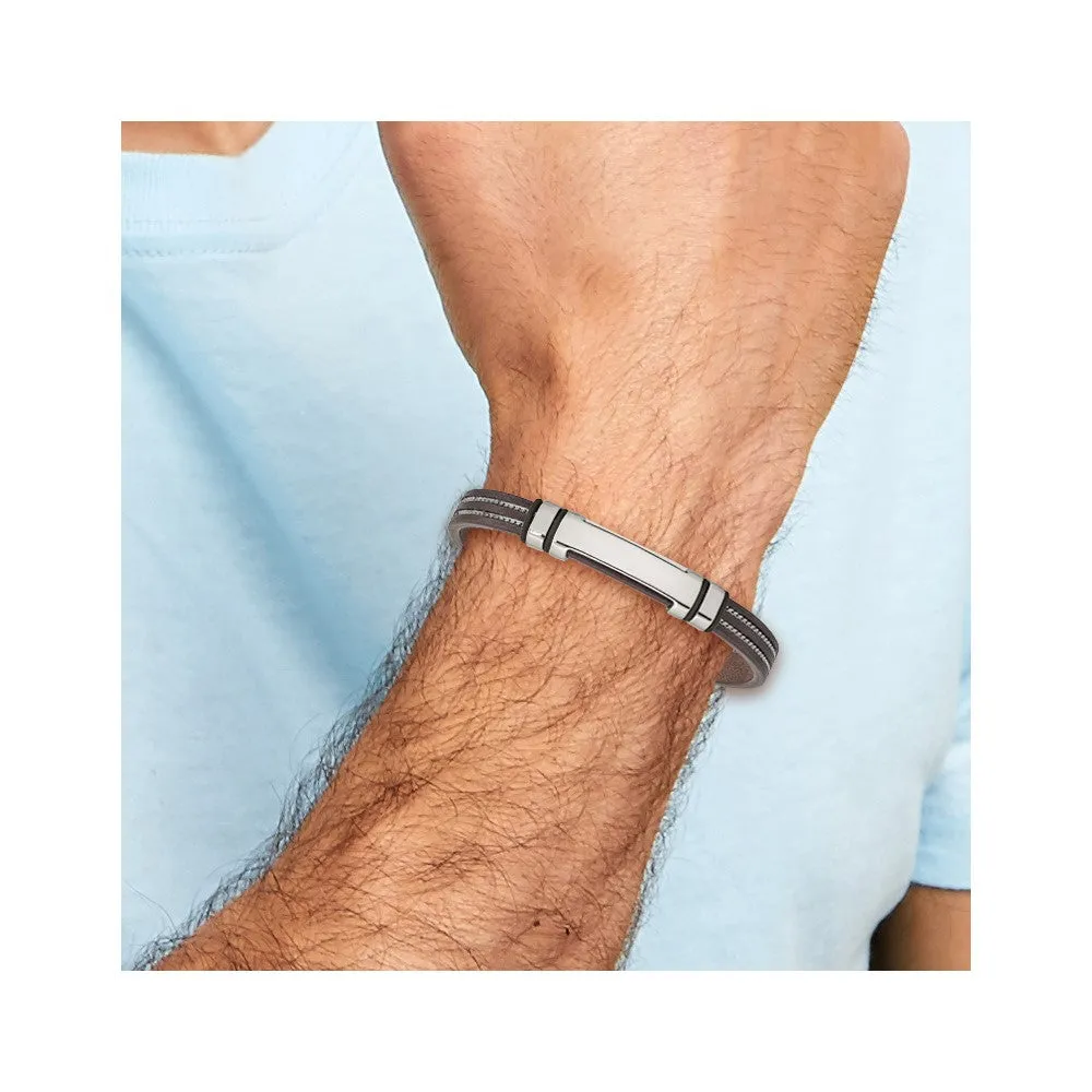 Chisel Stainless Steel Polished Brown Leather with Black Rubber 8.25 inch ID Bracelet