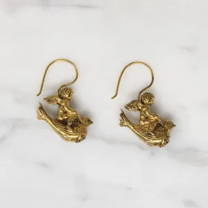Chubby Cherub & Bird Silver Gilt Earrings Signed MFA
