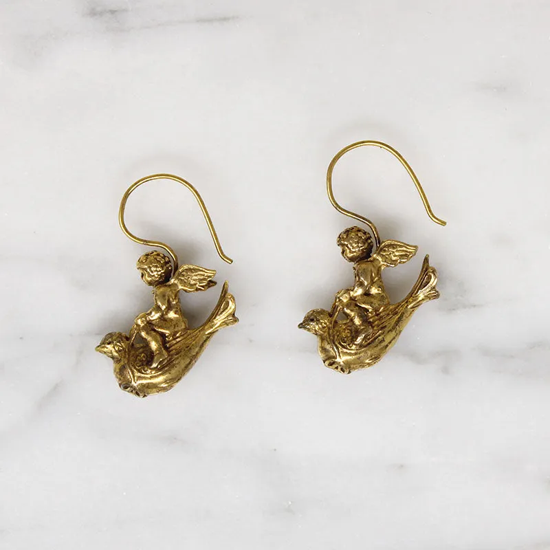 Chubby Cherub & Bird Silver Gilt Earrings Signed MFA