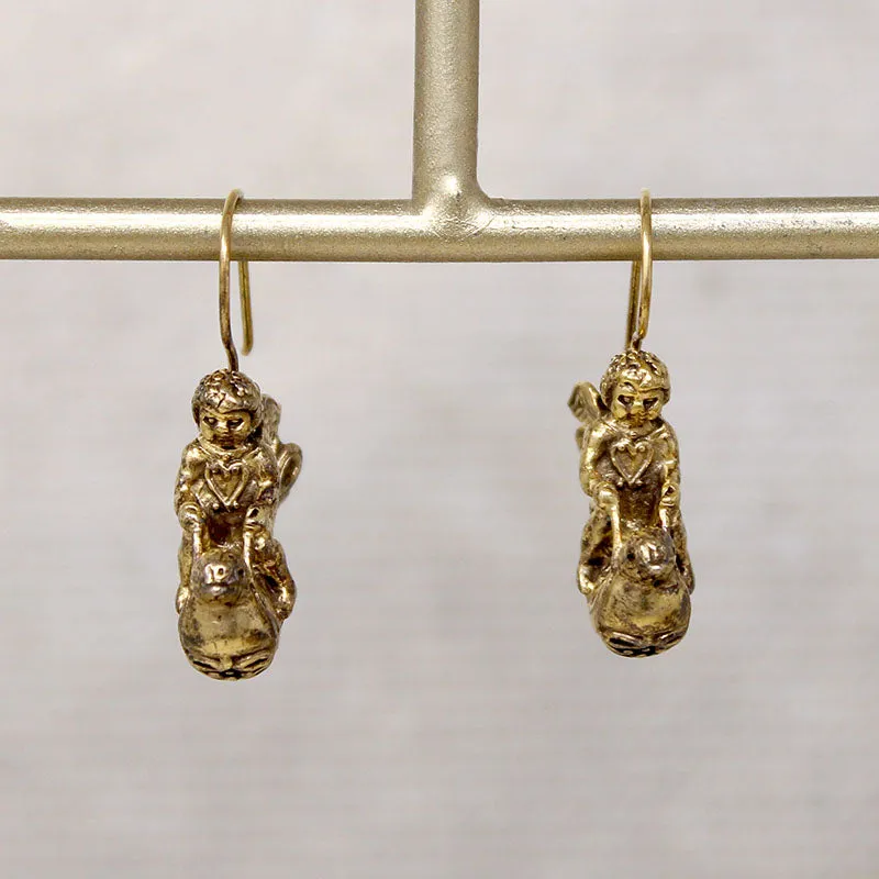 Chubby Cherub & Bird Silver Gilt Earrings Signed MFA