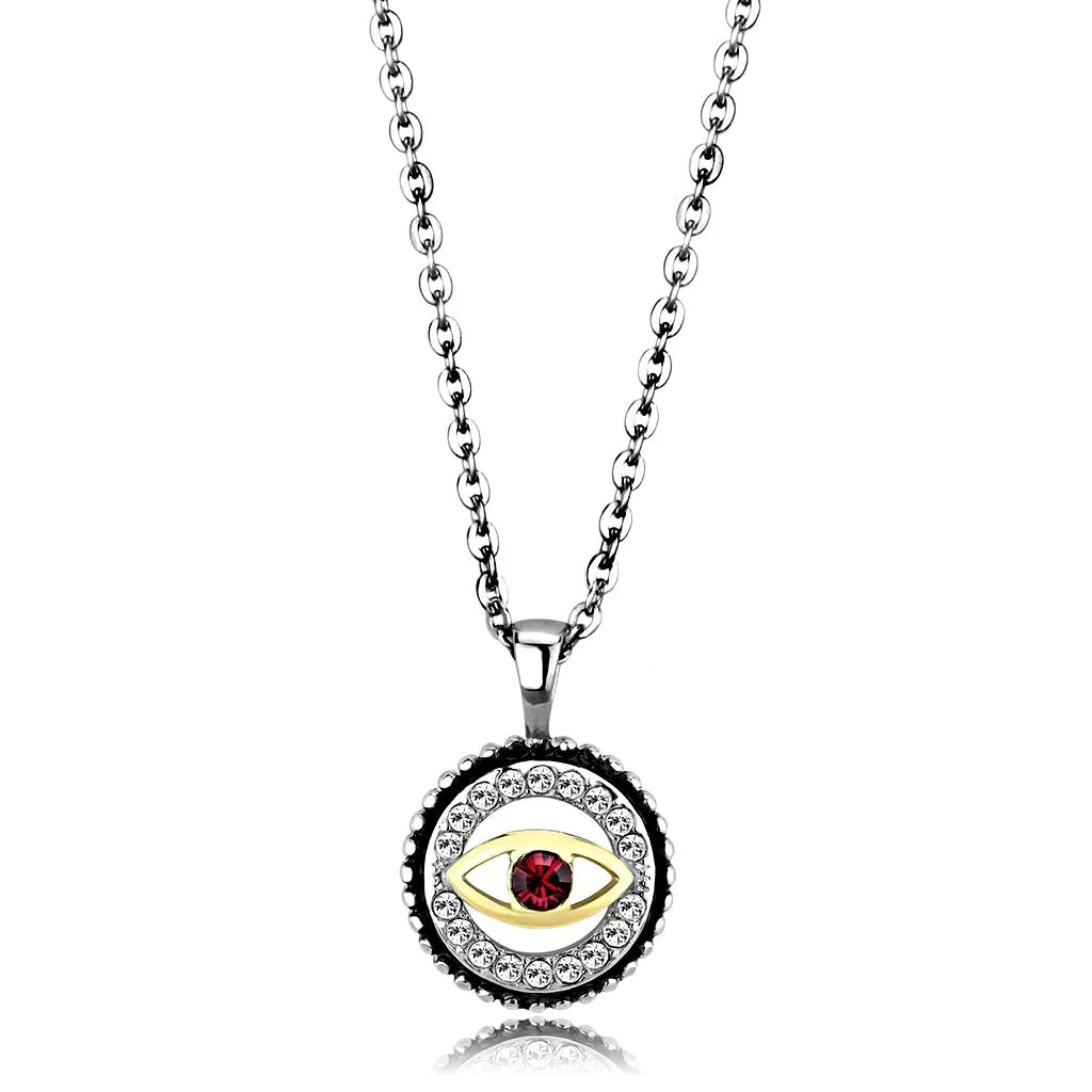 CJ2527 Wholesale Women's Stainless Steel Two-Tone IP Gold Top Grade Crystal Garnet Evil Eye Chain Pendant