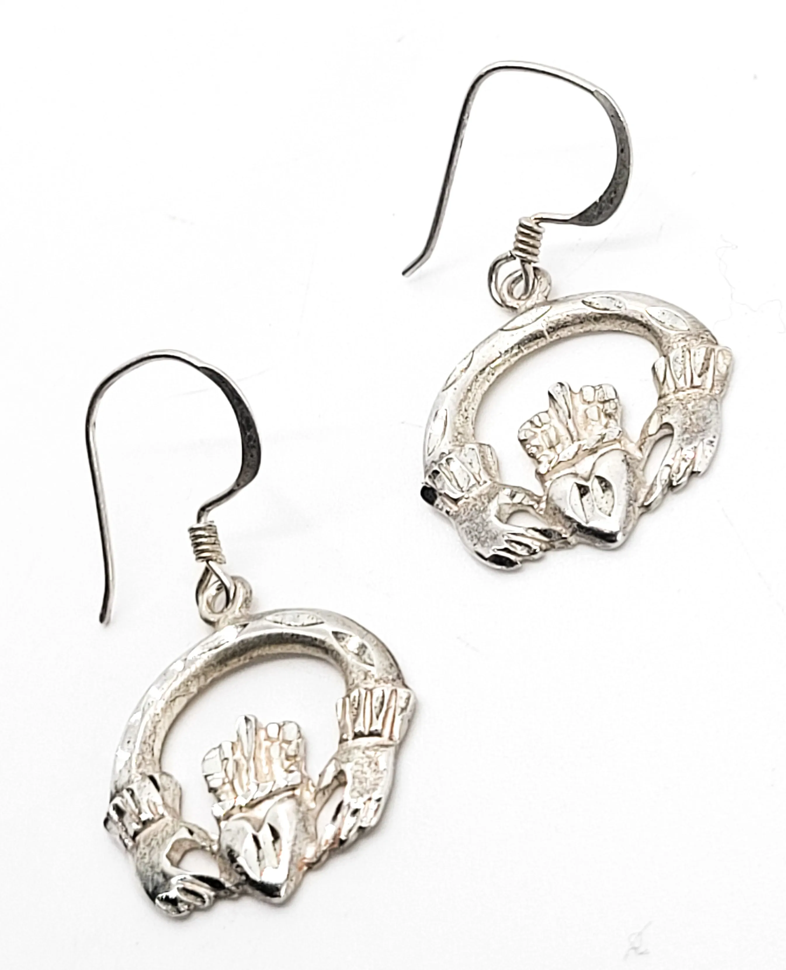 Claddagh Celtic Irish hoop heart in hands vintage sterling silver drop earrings