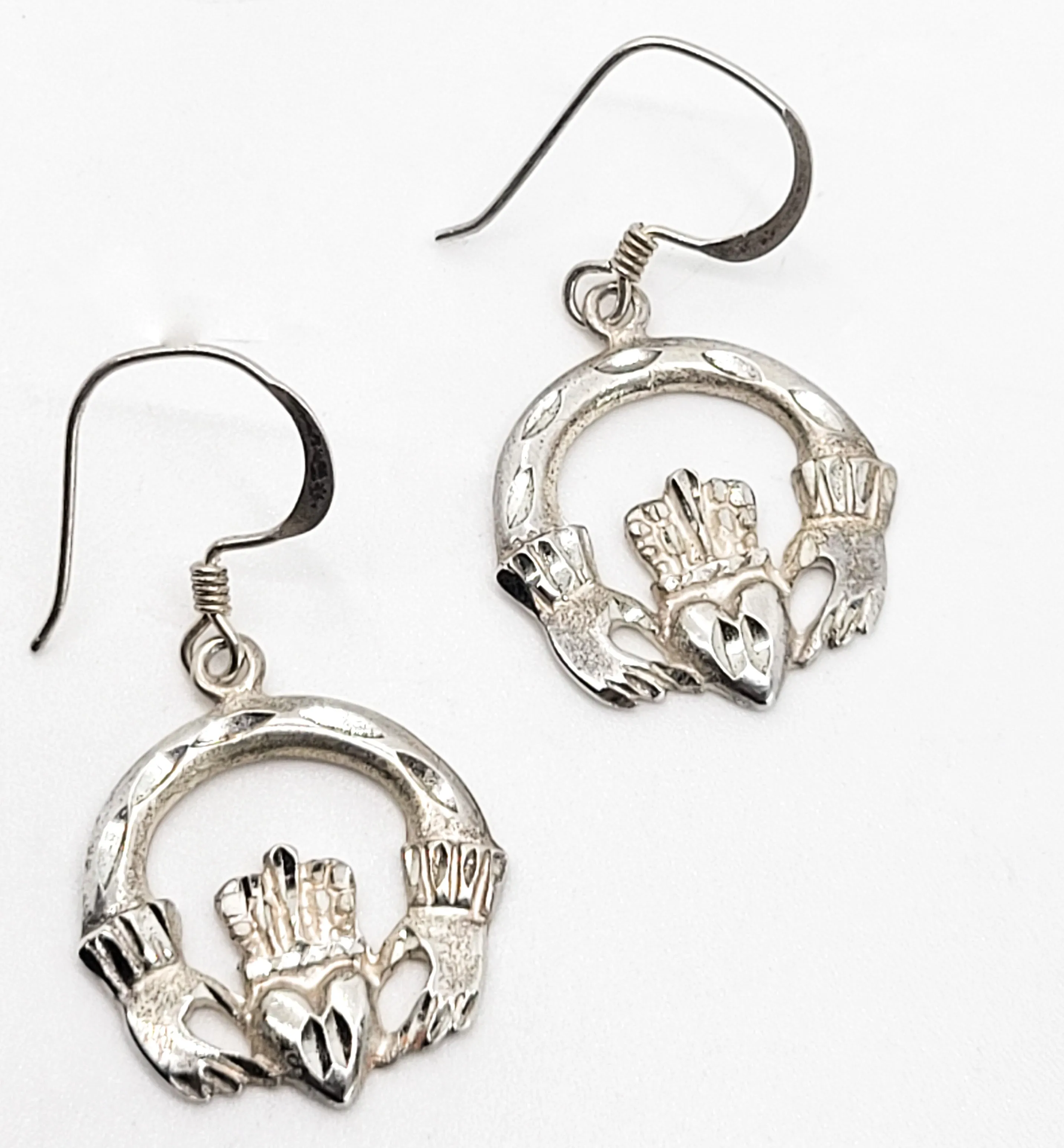 Claddagh Celtic Irish hoop heart in hands vintage sterling silver drop earrings