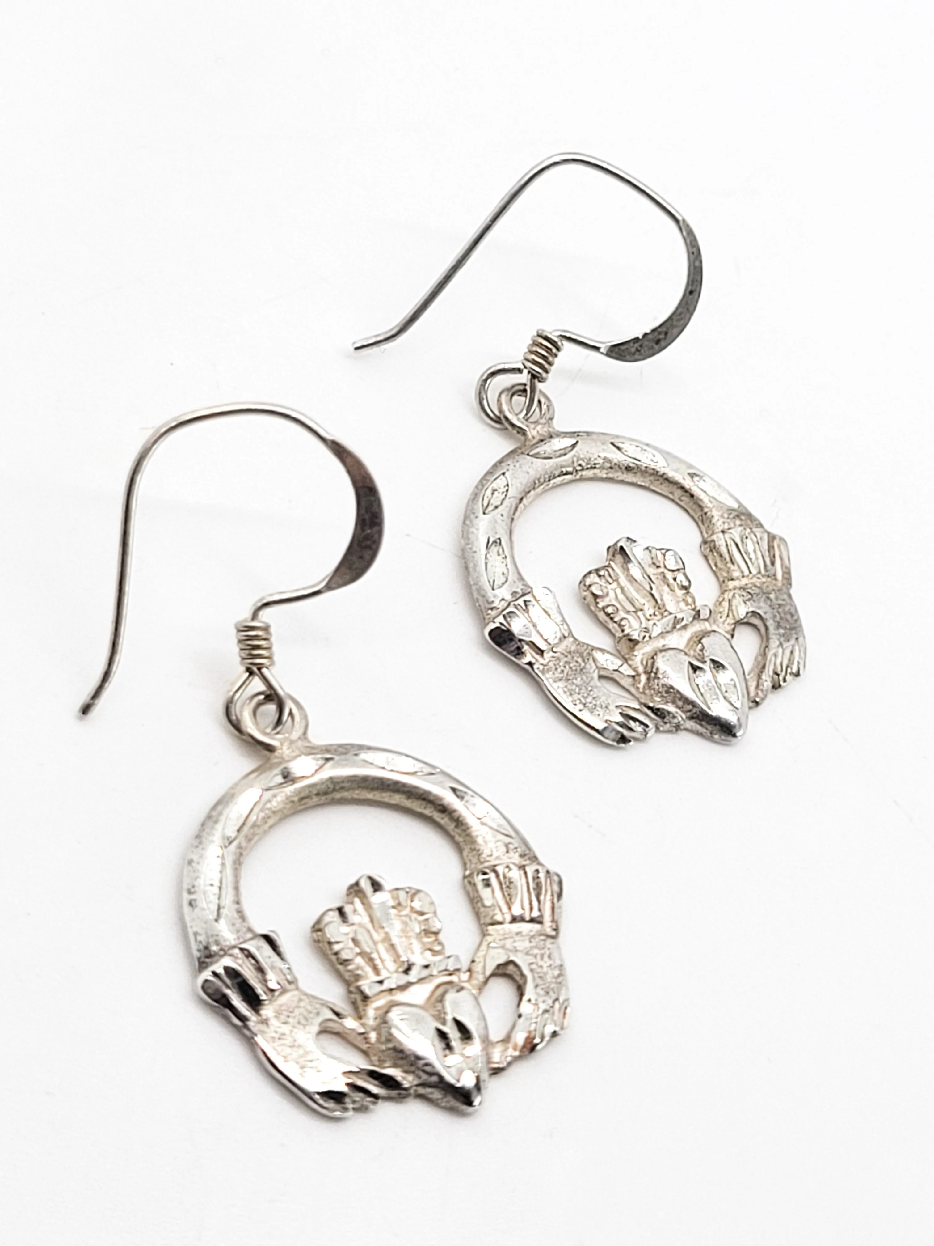 Claddagh Celtic Irish hoop heart in hands vintage sterling silver drop earrings