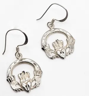 Claddagh Celtic Irish hoop heart in hands vintage sterling silver drop earrings